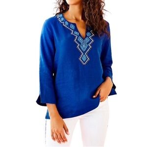 Lilly Pulitzer Amelia Island Tunic Top Twilight Blue Linen NWT Women's Large